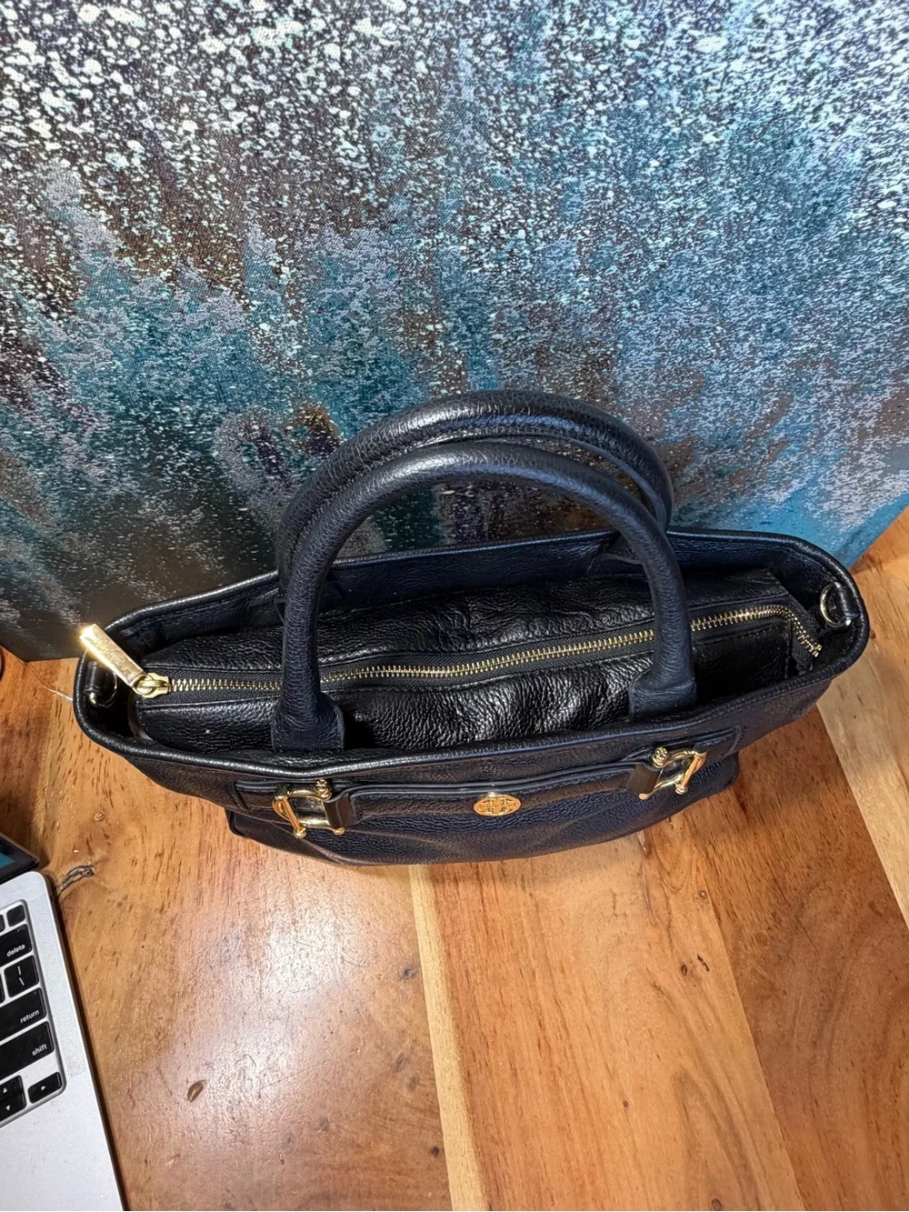 Tory Burch Classic Jaden Horsebit Black Pebbled Leather Satchel